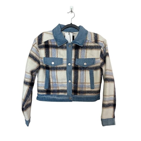 7 For All Mankind Womens Blue Plaid Denim Faux Fur Cropped Coat Jacket SZ S - Picture 1 of 12